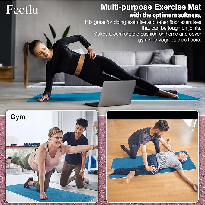 Extra Thick Exercise Yoga Mat with Strap - 2/5 Inch (10MM), Non-Slip Workout Mat for Yoga, Pilates, and Floor Exercises