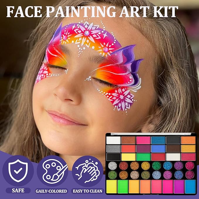 42 Colors Kids Face Painting Kit,Non Toxic Water Activated Face Paint Palette with 5 Reusable & 45 Sticky Stencils,11 Brushes,2 Gems.Ideal for Mardi Gras,Halloween,Christmas,makeup,Parties,Makeup etc.