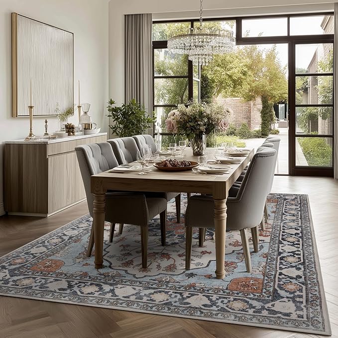 Washable 6x9 Area Rug for Living Room, Carpet for Bedroom Dining Room, Non Slip&Non-Shedding Resistant Low Pile Vintage Print Rug for Home Office (Blue/Gray)