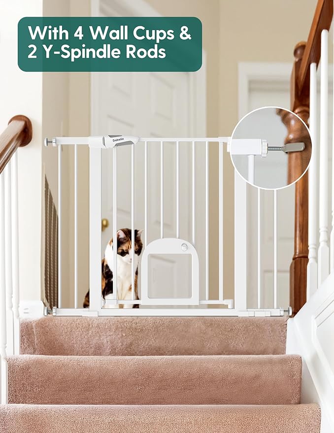 Babelio 36" Tall Upgraded Baby Gate with Cat Door, 29-43" Auto Close Durable Dog Gate for Stairs, Doorways and House, Easy Walk Thru Safety Gate with Pet Door Includes 4 Wall Cups, White