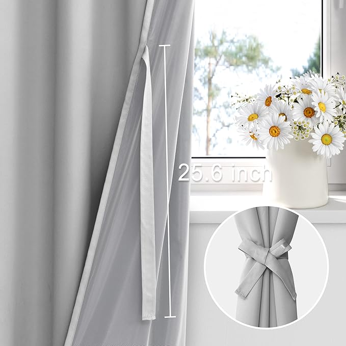 XWZO 100% Blackout Window Curtains - Rod Pocket Thermal Insulated & Completely Room Darkening Black Liner Window Panels with Tiebacks for Bedroom/Living Room, Light Grey, W70 x L63, Set of 2