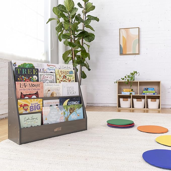 ECR4Kids Streamline Single-Sided Book Display with Storage, Classroom Bookshelf, Grey Wash