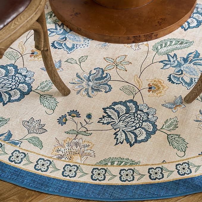 jinchan 5ft Floral Round Rug for Entryway Washable Kitchen Rug Vintage Romance Design Non Slip Indoor Doormat Lightweight Low-Profile Throw Carpet for Living Room Dining Room Bedroom, Blue/Beige