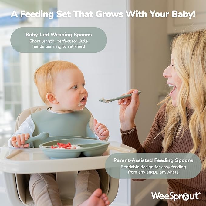 WeeSprout Baby Led Weaning Bundle, Silicone Suction Bowl, Spoons, Bib & Cup, Develops Self Feeding Skills, Dishwasher Safe (Pink)