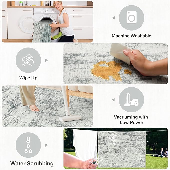 Area Rugs 9x12 Living Room - Washable Rug Modern Abstract Soft Large Neutral Non-Slip Carpet Indoor Floor Stain Resistant Thin Carpets for Bedroom Dining Room Farmhouse Nursery Home Office Grey