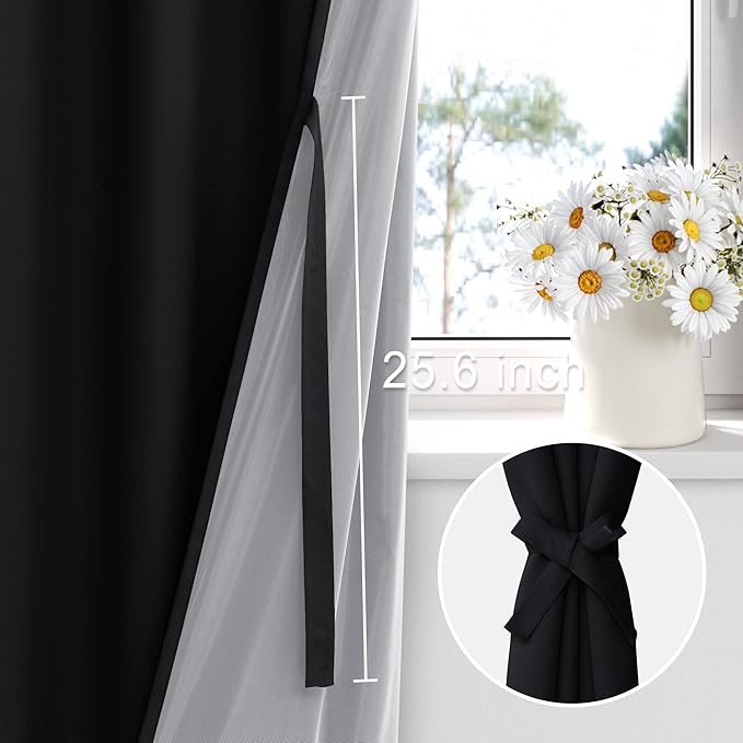 XWZO 100% Blackout Curtains 84 Inches Long with Tiebacks- Privacy Protection, Energy Efficiency Window Draperies Rod Pocket with Black Liner for Bedroom/Living Room, Black, W42 x L84, Set of 2
