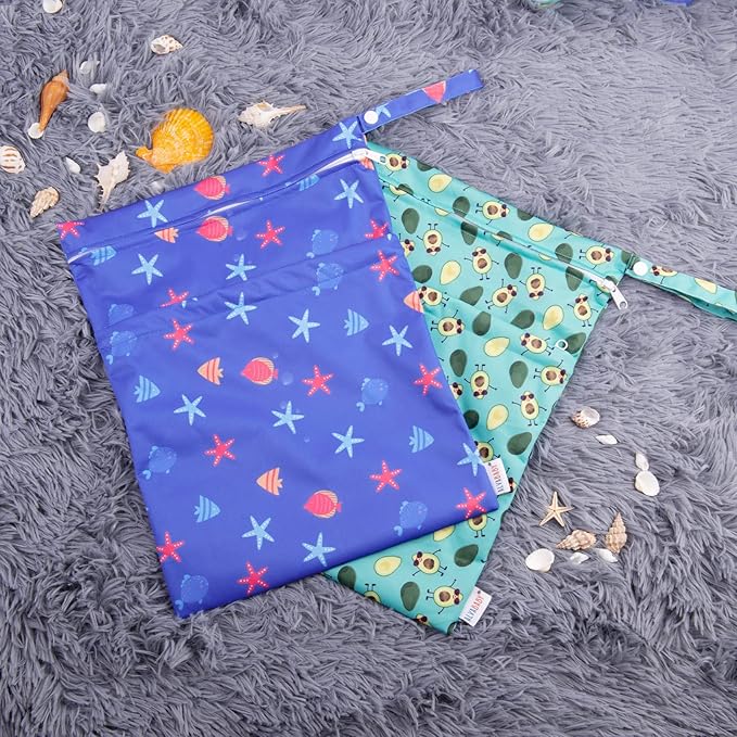 ALVABABY 2pcs Cloth Diaper Wet Dry Bags Waterproof Reusable with Two Zippered Pockets Travel Beach Pool Daycare Soiled Baby Items Yoga Gym Bag for Swimsuits or Wet Clothes LZX4344