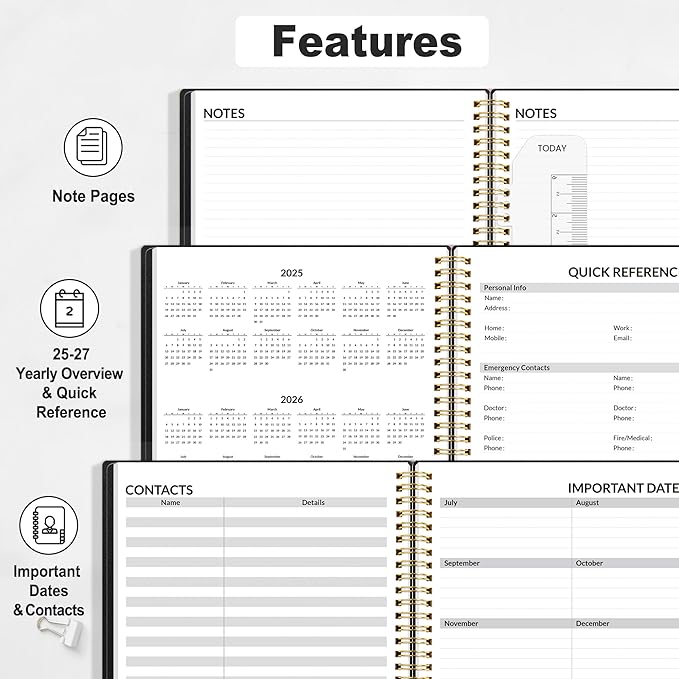 SUNEE Academic Planner 2025-2026 Weekly and Monthly, July 2025-June 2026, 8.5"x11", Tabs, Note Pages, Pockets, Bookmark, Flexible Cover, Spiral Binding, Black
