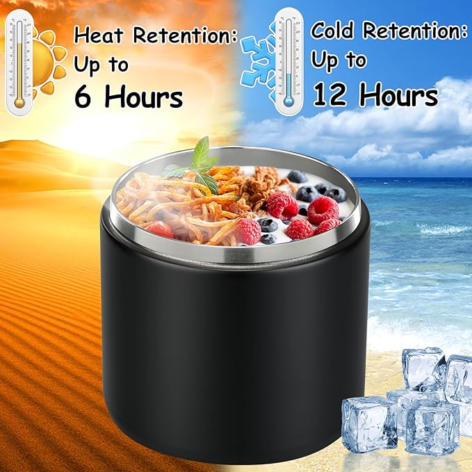 19oz Insulated Vacuum Food Jar with Buckle Lid Wide Mouth Soup Thermo for Hot Food Kids Leakproof Stainless Steel Lunch Container- Black-1Pack