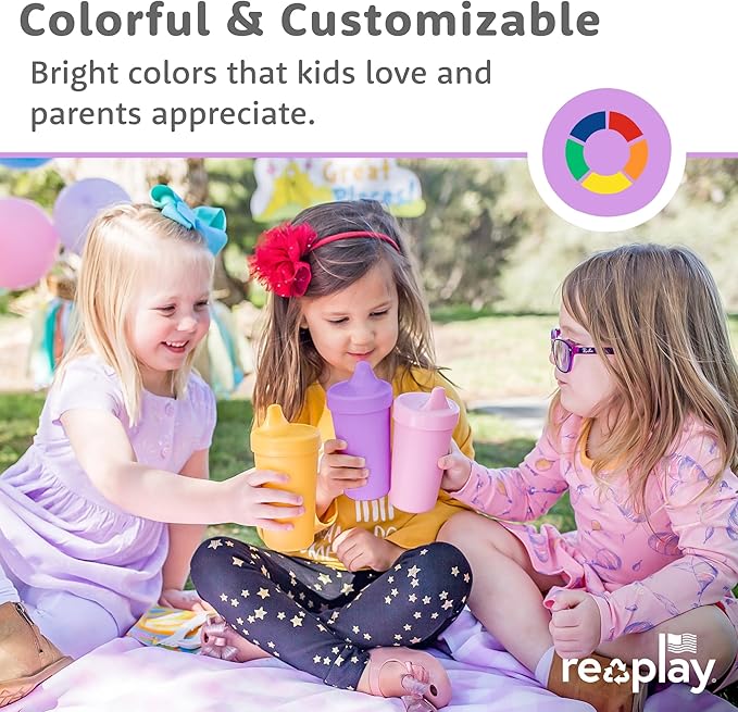Re-Play Sippy Cups for Toddlers - 10 Oz. Reusable Spill Proof Cups for Kids, Dishwasher/Microwave Safe - Made in USA - Set of 3-3.13" x 6.25" - Beach Baby