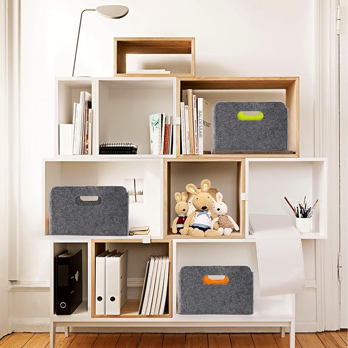Welaxy Storage Baskets Collapsible Felt Storage bin Foldable Shelf Drawers Organizers for Kids Pet Toys magazine Books Clothes Closet Cabinet decluttering (Charcoal x 3)