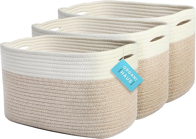 OrganiHaus Set of 3 Rope Baskets for Organizing, Cotton Rope Basket, Shoe Basket Organizer, Decorative Storage Baskets, Toy Bins, Woven Baskets for Storage, Shelf Baskets for Organizing - Light Honey