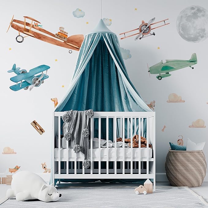 Airplane Wall Decals by Lipastick - 47-Piece Watercolor Vintage Plane Stickers for Kids, Boys Room, Baby Nursery, Toddler Bedroom Decor - Premium Vinyl Aircraft Art - L Size
