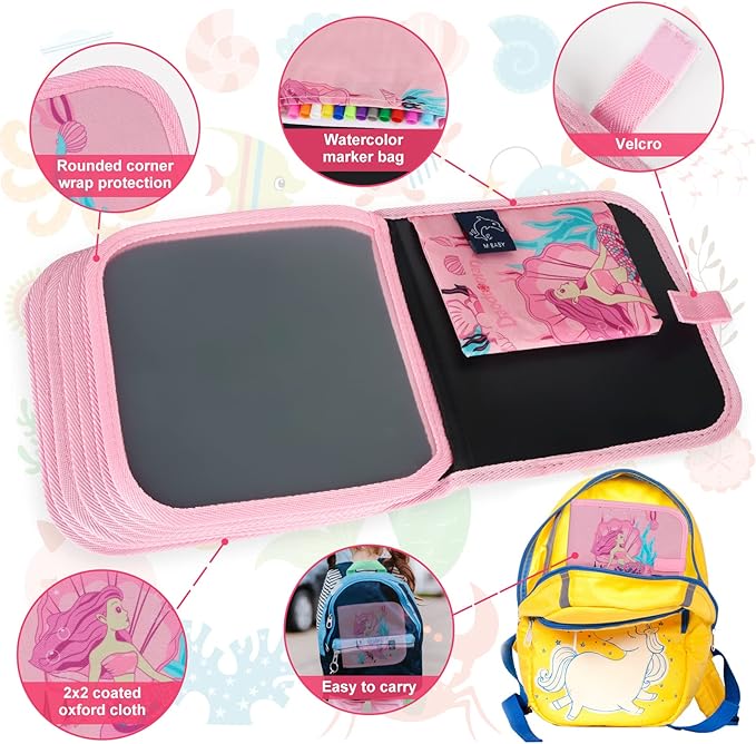 Erasable Doodle Set for Kids - Reusable Magic Drawing Book with 12 Watercolor Pens 14 Page Drawing, Road Trip Car Game Writing Painting Set for Boys and Girls (Mermaid)