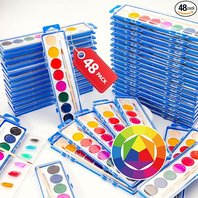 48 Pack Watercolor Paint Set for Kids - 8 Washable,Bright Colors with Paintbrush Watercolor Paint Bulk for Kids Party Favors,Classrooms Supplies,Art Lessons