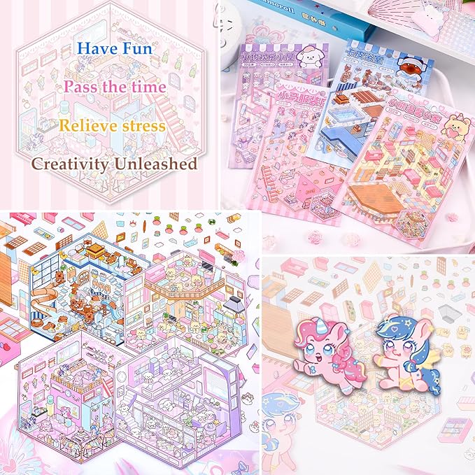 DIY 3D Sticker Scene 4 Sets of Reuseable and Waterproof Stickers Make Your Own Shop Scenes Sticker Cute Miniature Cartoon Stickers for Kids Adult