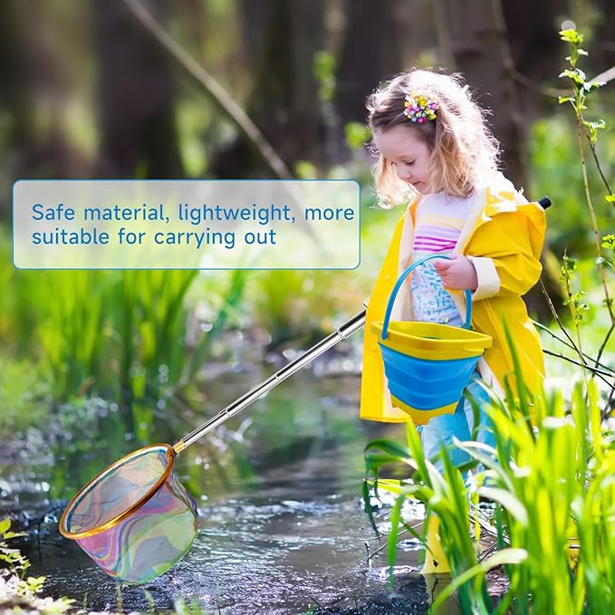 2PCS Fishing Net with Bucket, Telescopic Fishing Landing Net, Collapsible Kids Sand Bucket, Kids Fish Butterfly Catching for Freshwater Saltwater Outdoor Activities