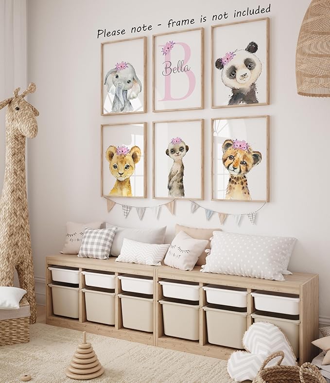 Personalized Safari Animals for Baby Girls Nursery, Set of 6 Unframed Poster Prints, Personalized Name Pink Lilac Floral, Girls Bedroom Decor, Elephant Giraffe (8x10)