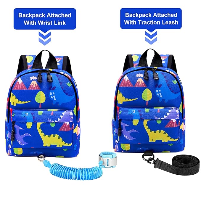 Accmor Toddler Backpack Leash with Anti Lost Wrist Link, Cute Mini Child Walking Harnesses Keep Kids Close Back Pack Rope Tether Rein for Baby Boys (Blue/Dino)