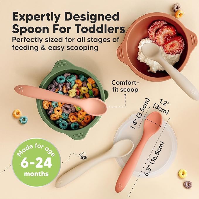 KeaBabies Silicone Baby Spoons, Self Feeding 6-12 months - 3-Pack Baby Weaning Eating Utensils, Toddler First Food Training Spoon, Infant, Kids Feeding Supplies Essential Set,Dishwasher-safe (Roseate)