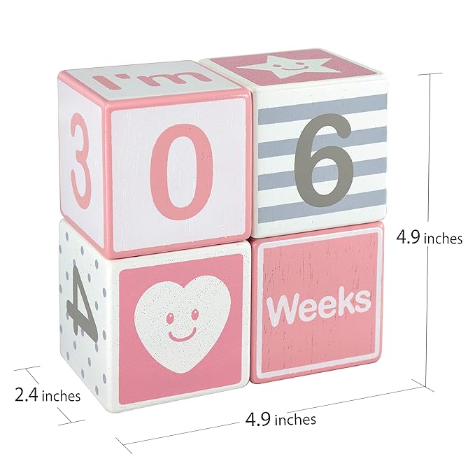 I'm Solid Wood Monthly Weekly Yearly Milestone Age Blocks, Newborn Gifts & Keepsakes for Picture Props (4 Pcs/Pink)