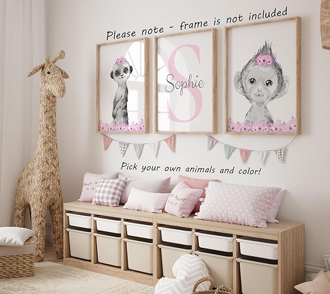 Safari Animals Girls Nursery Bedroom Unframed Set of 3 Poster Prints, Personalized Name Pink or Purple Flowers Wall Art Decor New Baby Gift Present, Elephant Giraffe Panda Zebra Lion (11x14)