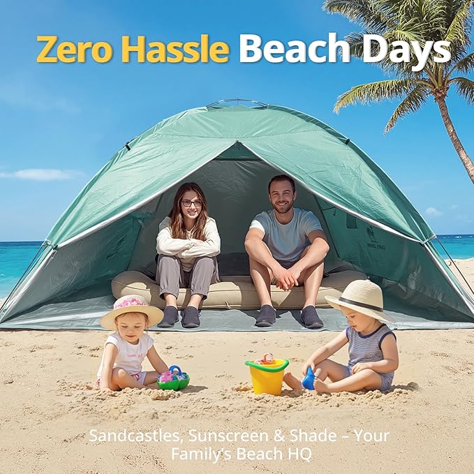 CAMEL CROWN Beach Tent UPF 50+ Sun Shelter for 2/3/5/6 Person, Lightweight Portable Sun Shade with Sand Anchor, Family Beach Day & Outdoor Adventures