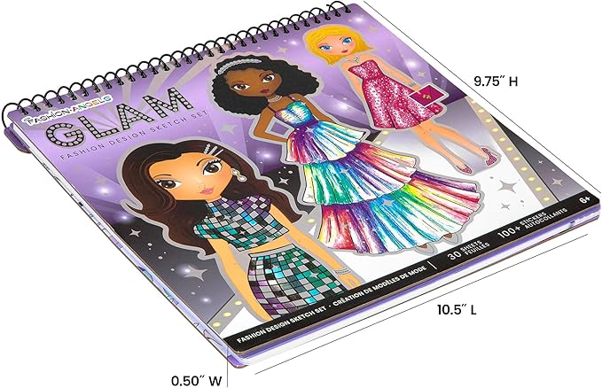 Fashion Angels Glam Fashion Sketch Set, Includes Sketch Pad with Stencils & Stickers, Fashion Design Sketch Book for Girls, Ideal Drawing Kit for Kids