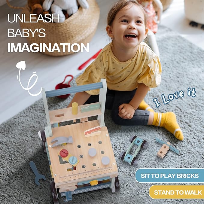 2-in-1 Baby Push Walker - Wooden Push Walker and Tool Toy for Babies - Toddler Learning Activity Walker for Girls Boys 1-3 Years - Educational and Sturdy Construction