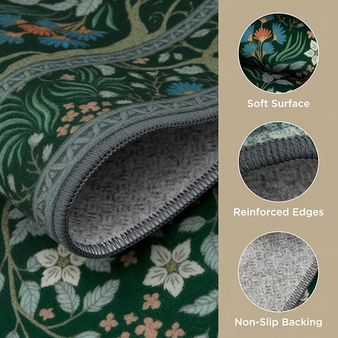 Joydeco Washable Runner Rug Non Slip, Floral Kitchen Carpet Runner 2x6, Soft Low-Pile Botanical Forest Indoor Floor Door Mat for Hallway Bathroom Entryway Laundry Room, Dark Green