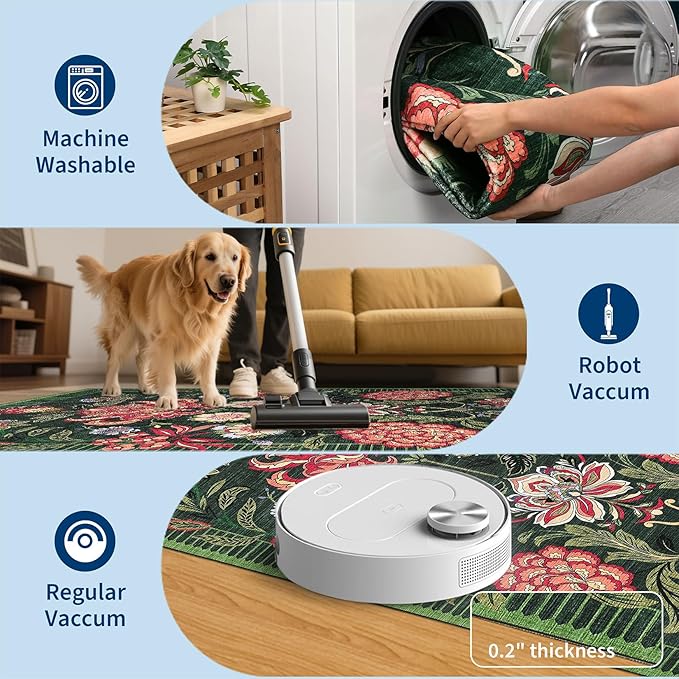 GarveeHome Forest Green Floral Botanical Washable Rugs 5x7 Area Rug for Living Room, Vintage Boho Cottage Throw Rugs Low Pile Carpet for Bedroom Dining Nursery Rug