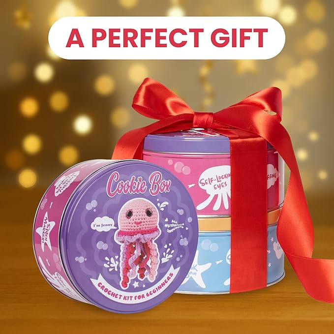 Cookie Box Crochet Kit for Beginners - Learn to Craft Amigurumi Stuffed Animals - Knitting Gift for Kids and Adults - Beginner-Friendly Yarn - Stitch-by-Stitch Video Tutorial - Jellyfish Jenny