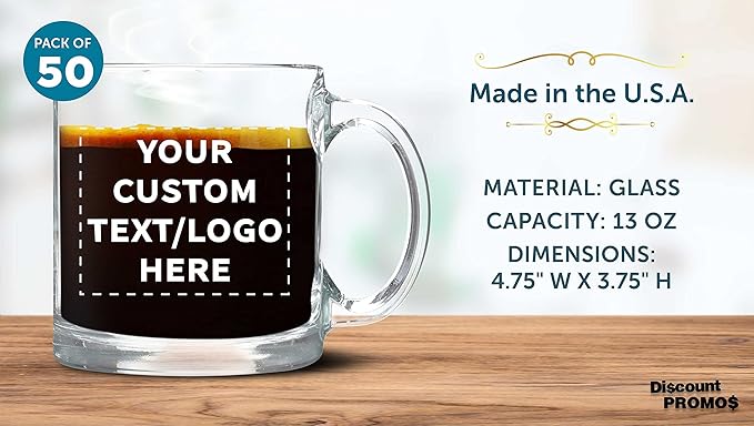 Custom Libbey Clear Glass Coffee Mugs 13 oz. Set of 50, Personalized Bulk Pack - Perfect for Coffee, Tea, Espresso, Hot Cocoa, Other Beverages - Clear Bottom