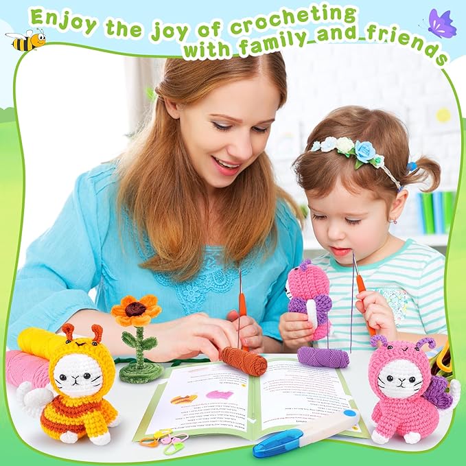 Crochet Kit for Beginners, 2PCS Cats Dressed as Bee and Butterfly Crochet Kits with Step-by-Step Video Tutorials, Beginner Crochet Kits for Kids and Adults, Animal Crocheting Kit for Starters