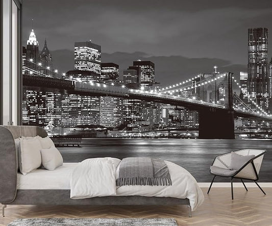 Grey City Wallpaper Brooklyn Bridge Nightscape Wall Mural for Living Room Bedroom Dining Room Office(Not Self-Adhesive)