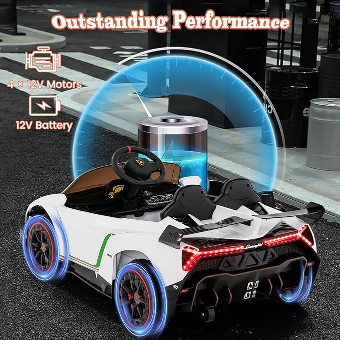 Costzon Ride on Car, Lamborghini Licensed 12V Battery Powered 4WD Sports Car with Remote Control, 3 Speeds, Hydraulic Doors, LED Lights, Towing Wheel, Horn, Music, Electric Vehicle for Kids Aged 3-8