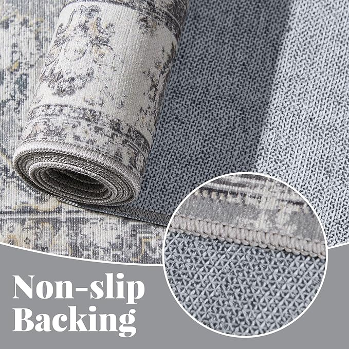 jinchan Runner Rug 2x5 Machine Washable Hallway Rug Grey Vintage Floral Print Non-Slip Low Pile Ultra-Thin for Kitchen,Entryway,Laundry Room,Bedroom,Farmhouse (2‘x5’,Grey)