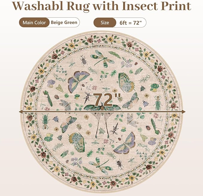 6ft Washable Round Rug - Bug Rugs for Living Room Non-Slip Low Pile Soft Ultra-Thin Machine Washable Circle Carpet for Bedroom, Entryway, Nursery, Kitchen, Home Office (6' Round Beige)