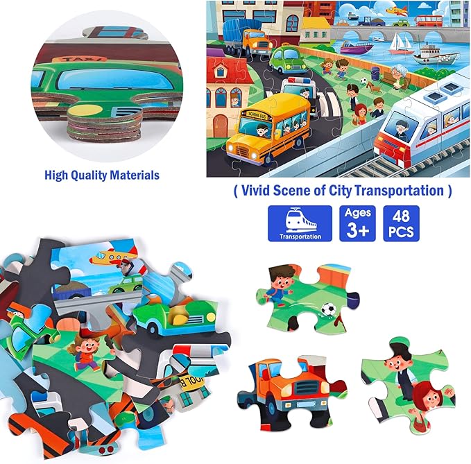 Jumbo Floor Puzzle for Kids,City Transportation Jigsaw Large Puzzles,48 Piece City Life Vehicle Puzzle for Toddler Ages 3-5,Children Learning Preschool Educational Toys,Gift for 4-8 Years Old