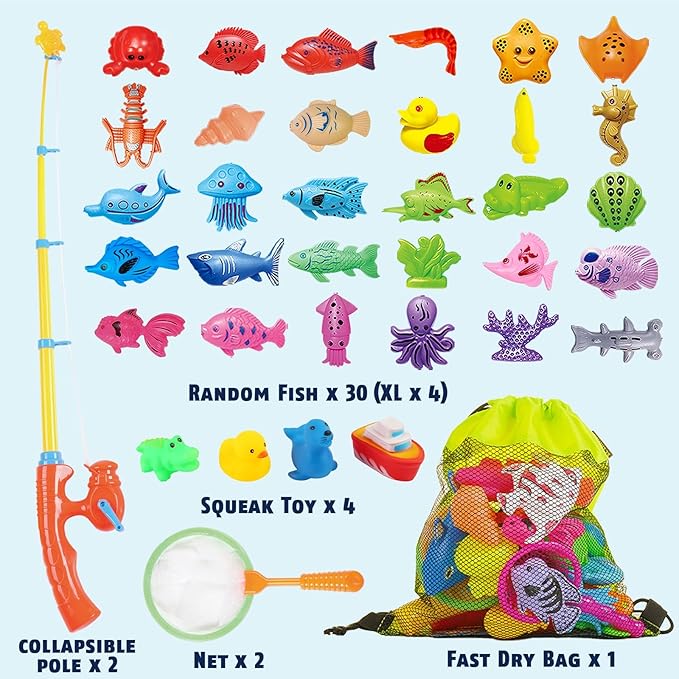 CozyBomB™ Magnetic Fishing Toys Game Set for Kids | Water Table Bathtub Kiddie Pool Party & Pole Rod Net, Plastic Floating Fish Toddler Color Ocean Sea Animals Birthday Age 3 4 5 6 Year