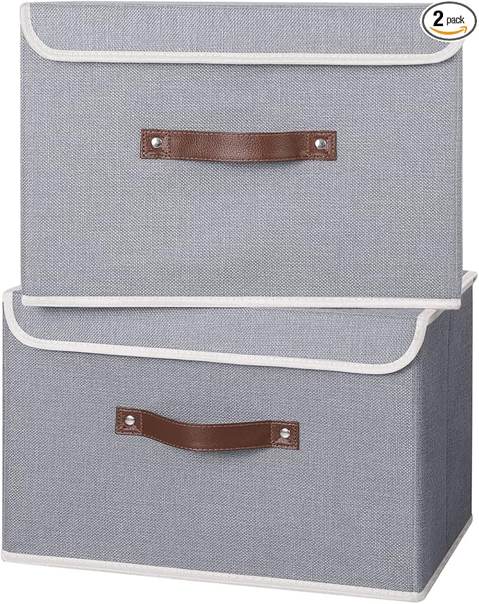 ANMINY 2PCS Storage Bins with Lid PU Leather Handles Storage Boxes PP Plastic Board Decorative Foldable Lidded Cotton Linen Fabric Home Cubes Baskets Closet Organizer Containers - Gray, Large Size