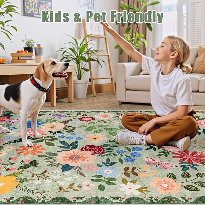 10x14 Area Rugs for Living Room: Floral Washable Rug Vintage Large Soft Boho Non-Slip Carpet Indoor Stain Resistant Low Pile Carpets for Bedroom Dining Room Farmhouse Nursery Hallway Home Office Green