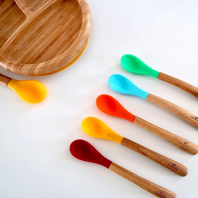 Avanchy Bamboo & Silicone Infant Training Spoons, BPA Free - Soft Tip, Easy on Gums, First Stage Feeding Utensils for Baby-Led Weaning, Self-Feeding, Gray
