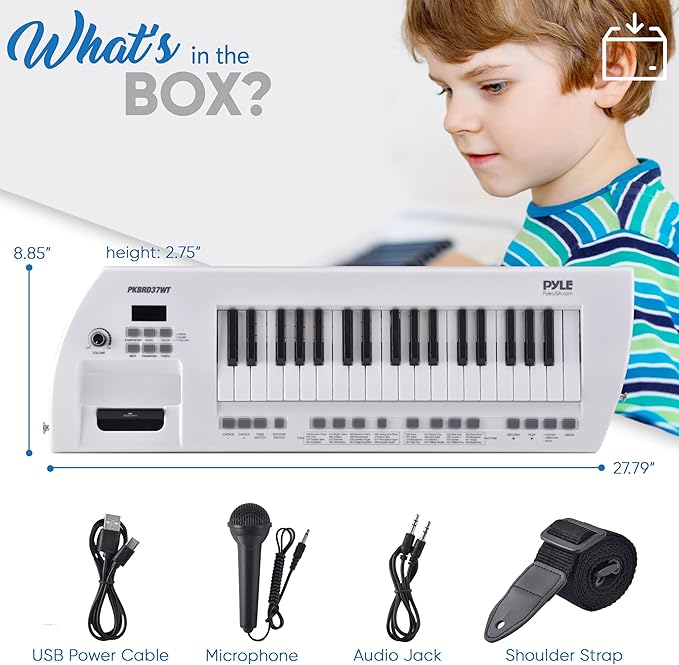 PYLE Electric Piano, 37 Keys Electric Keyboard Piano, Music Keyboard - Built-in Stereo Speakers, Rechargeable Battery, Wired Microphone, Portable Design, 200 Tones, 200 Rhythms, 50 Demos Included