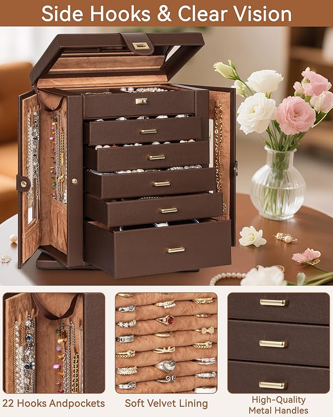 AKOZLIN 360° Rotating Jewelry Box 6-Tier Organizer Functional Jewelry Storage Case for Women Girls Ring Necklace Earring Bracelet Holder with Mirror Brown