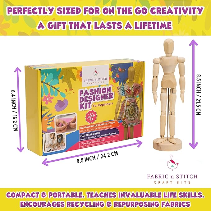 Fashion Designer Kits for Girls Ages 8+ Beginners Learn About Patterns, Draft & Re-Design Patterns, Sew & Be A Fashion Designer for The 8.5 in. Wood Mannequin. Sewing Kits for Kids 8-12