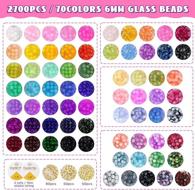 6mm Glass Beads for Bracelets, 2700pcs 70 Colors Crackle Glass Beads for Jewelry Making, Funtopia Round Crystal Beads for DIY Necklace Crafts with Spacer Beads, Solid and Floral Colors