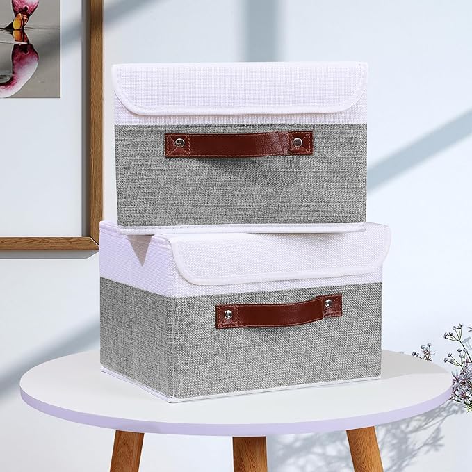 ANMINY 2PCS Storage Boxes with Lid Washable Decorative Storage Bins Basket with PU Leather Handle Foldable Linen Fabric Storage Cubes Containers for Home Closet Organizer - Gray White, Small Size