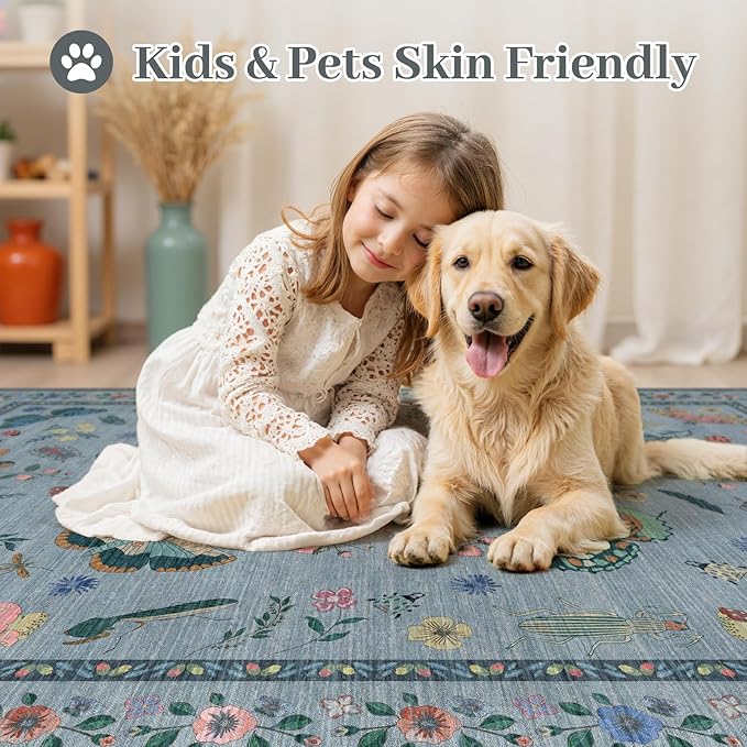 8x10 Area Rugs with Insect Print - Bug Rug Non-Shedding Stain Resistant Soft Carpet for Bedroom, Low Pile Ultra-Thin Machine Washable Carpet for Dining Room, Kids Nursery, Office (8'x10' Blue)
