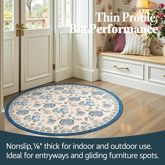 jinchan 4ft Floral Round Rug for Entryway Washable Kitchen Rug Vintage Romance Design Non Slip Indoor Doormat Lightweight Low-Profile Throw Carpet for Living Room Dining Room Bedroom, Blue/Beige